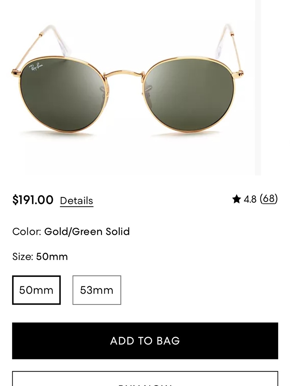 Ray-Ban Women’s Gold Frame Sunglasses with Green Lenses 50MM
